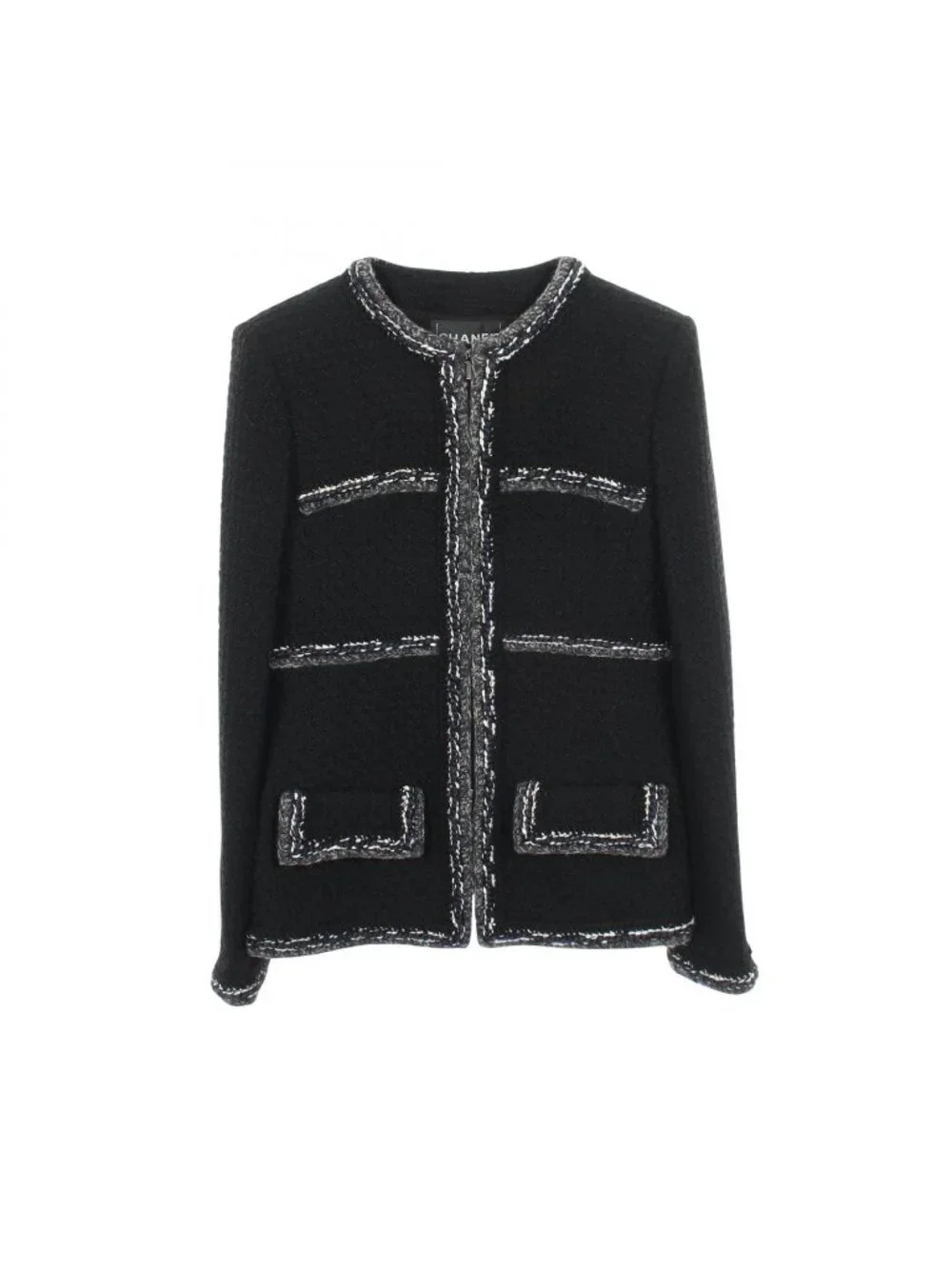 Chanel Collarless Jacket CC Logo Button Tweed Wool